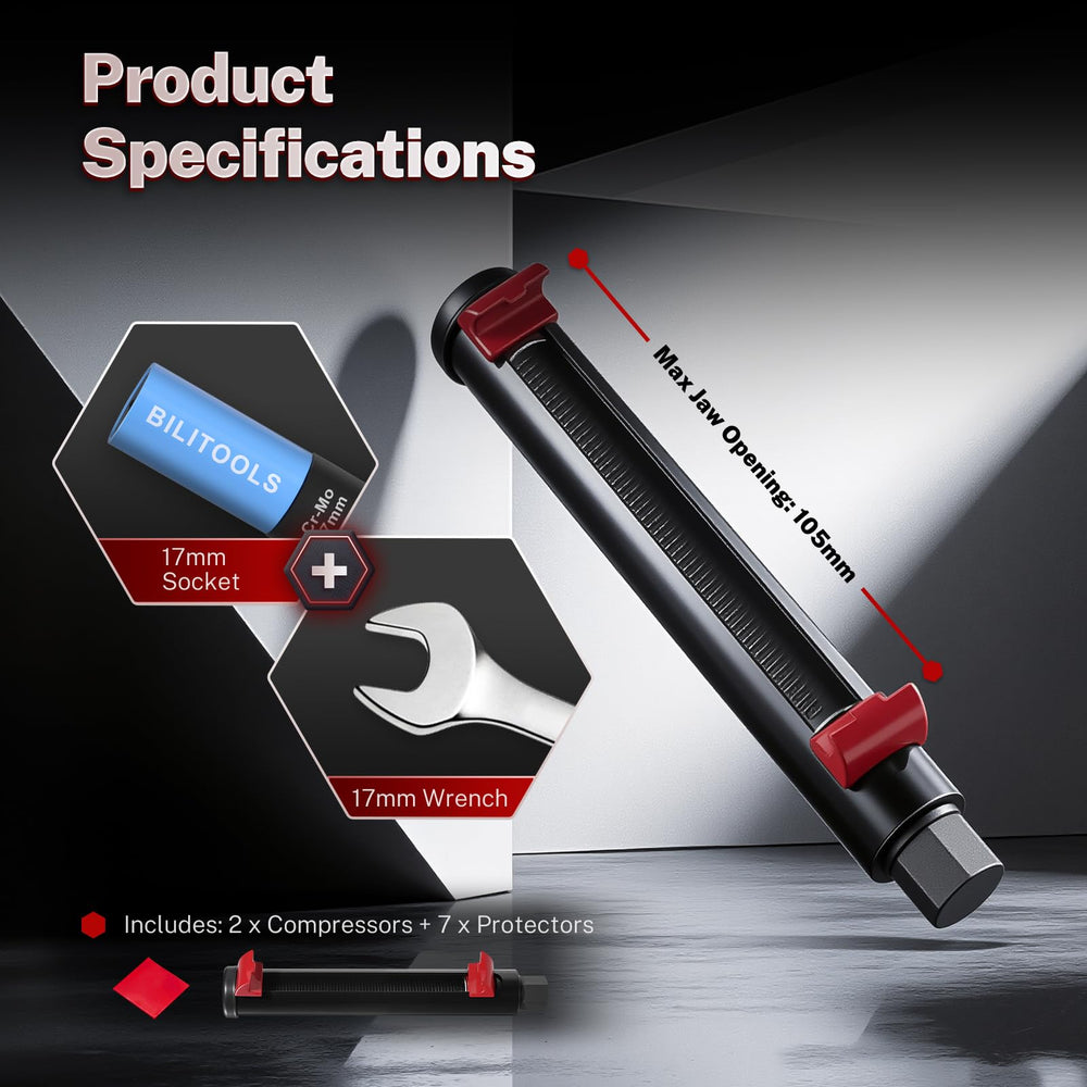 BILITOOLS compressor next to 17mm wrench showing compatible tool size benefit