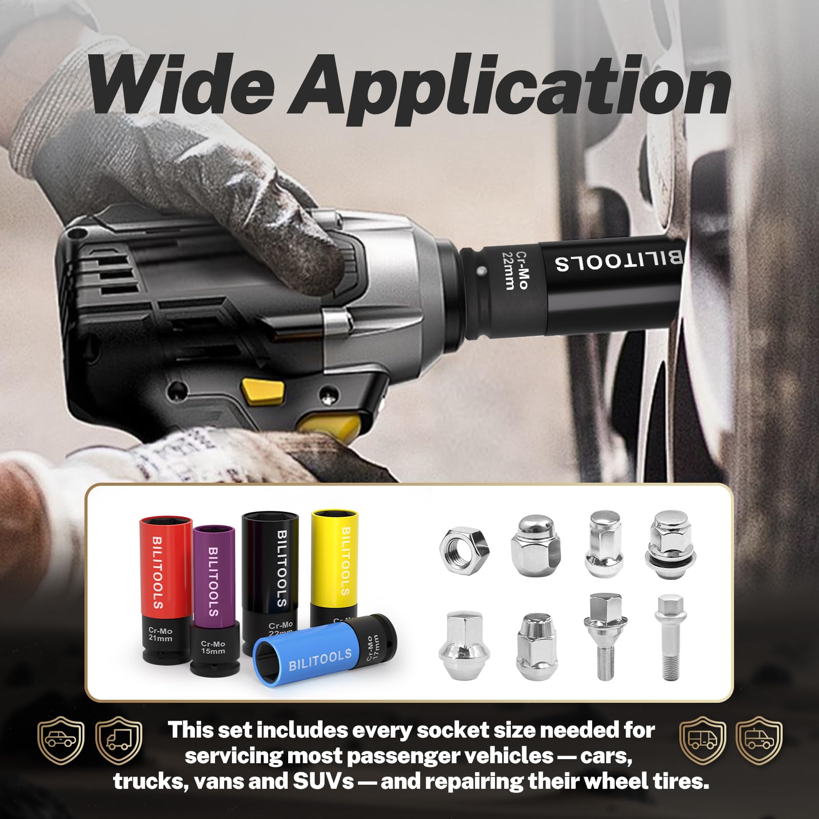 BILITOOLS 15mm socket on wheel stud for safe, scratch-free removal