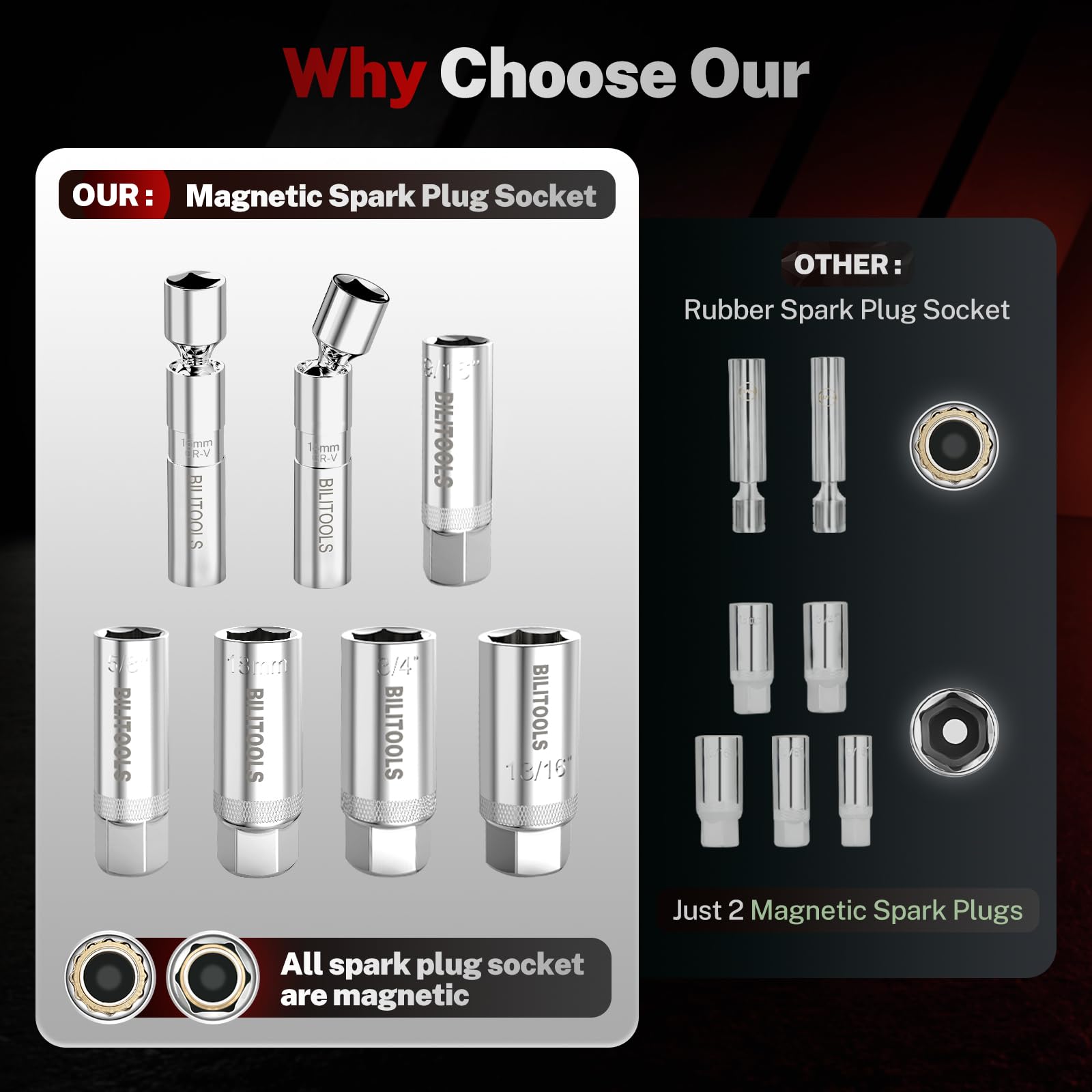 BILITOOLS socket holding spark plug closeup reduces drop risk