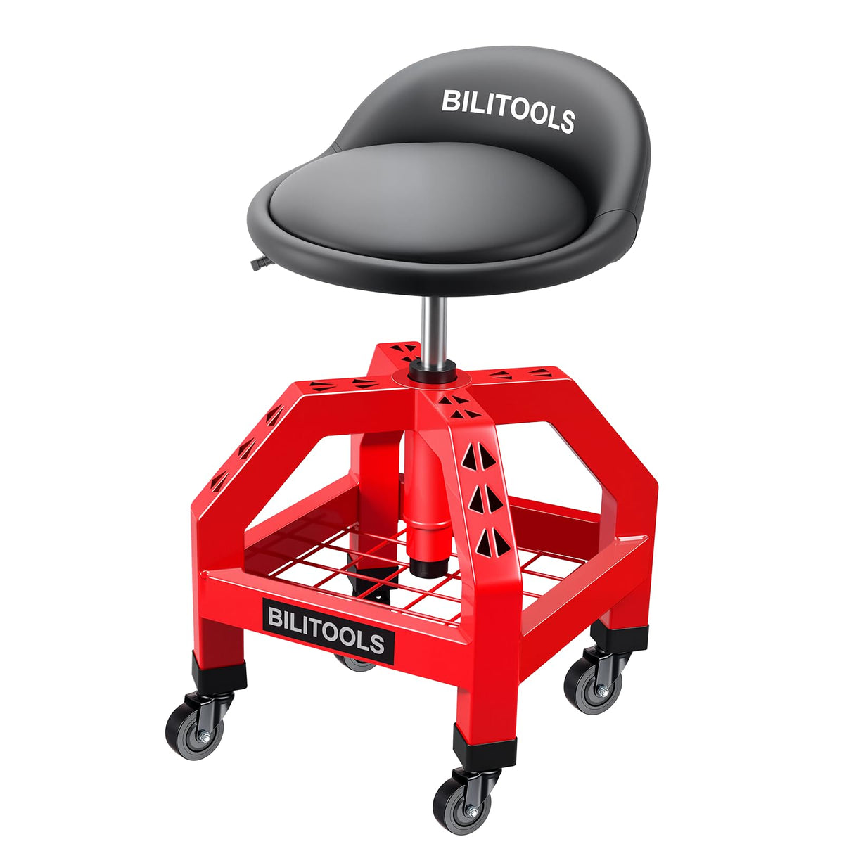 BILITOOLS front view of rolling shop stool showing stable base and frame benefits