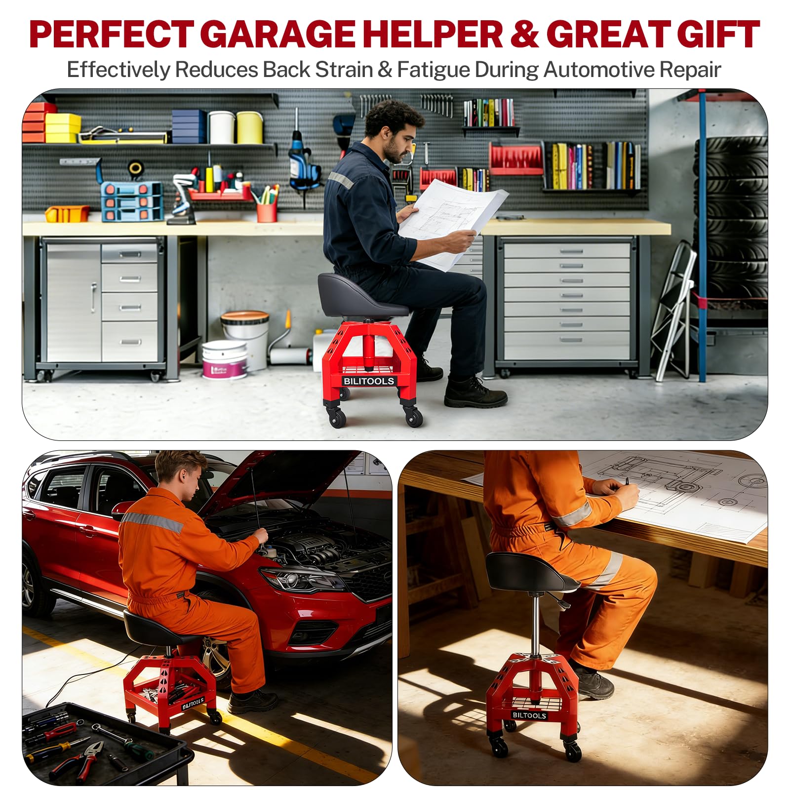 BILITOOLS stool positioned in a garage to illustrate workspace efficiency
