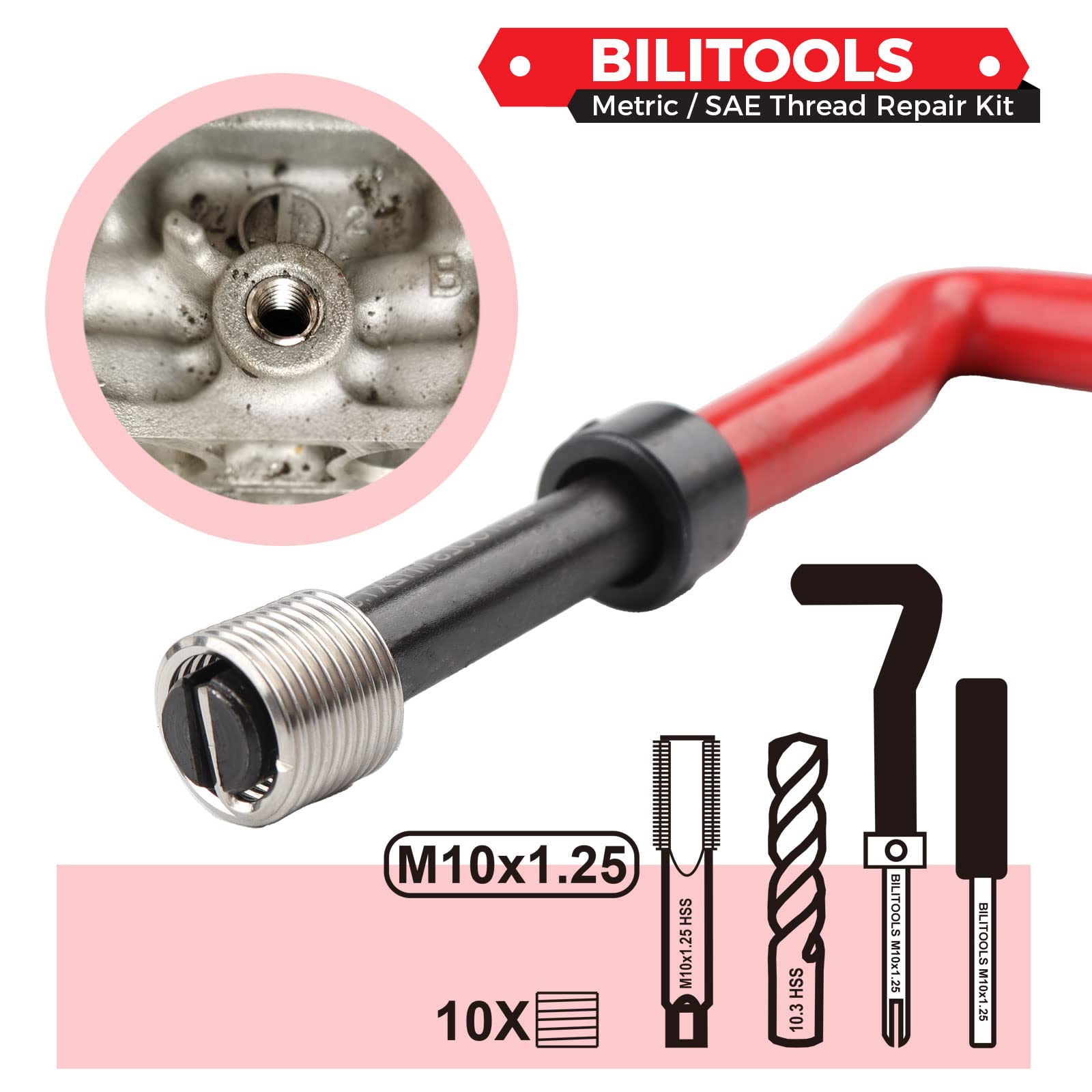 BILITOOLS tap thread detail highlighting precise M10x1.25 cutting for accuracy
