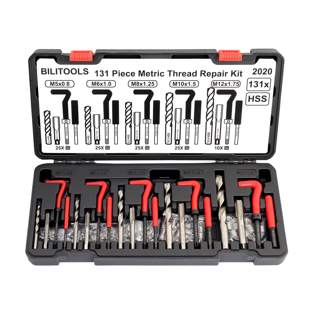 BILITOOLS front view of complete thread repair kit, organized and portable
