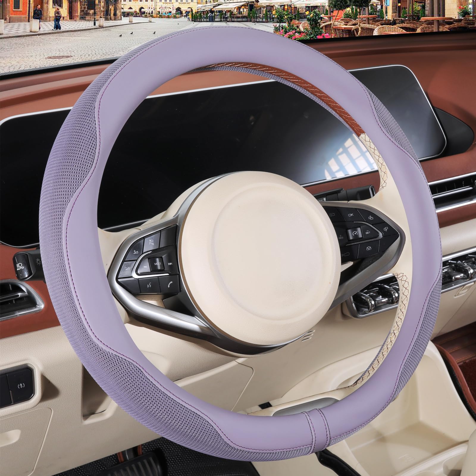 Binsheo front view of purple steering wheel cover showing fit and style benefits