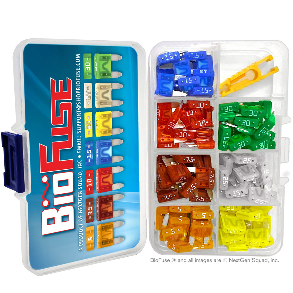 BioFuse close-up of color-coded mini blade fuses for quick amp identification benefit