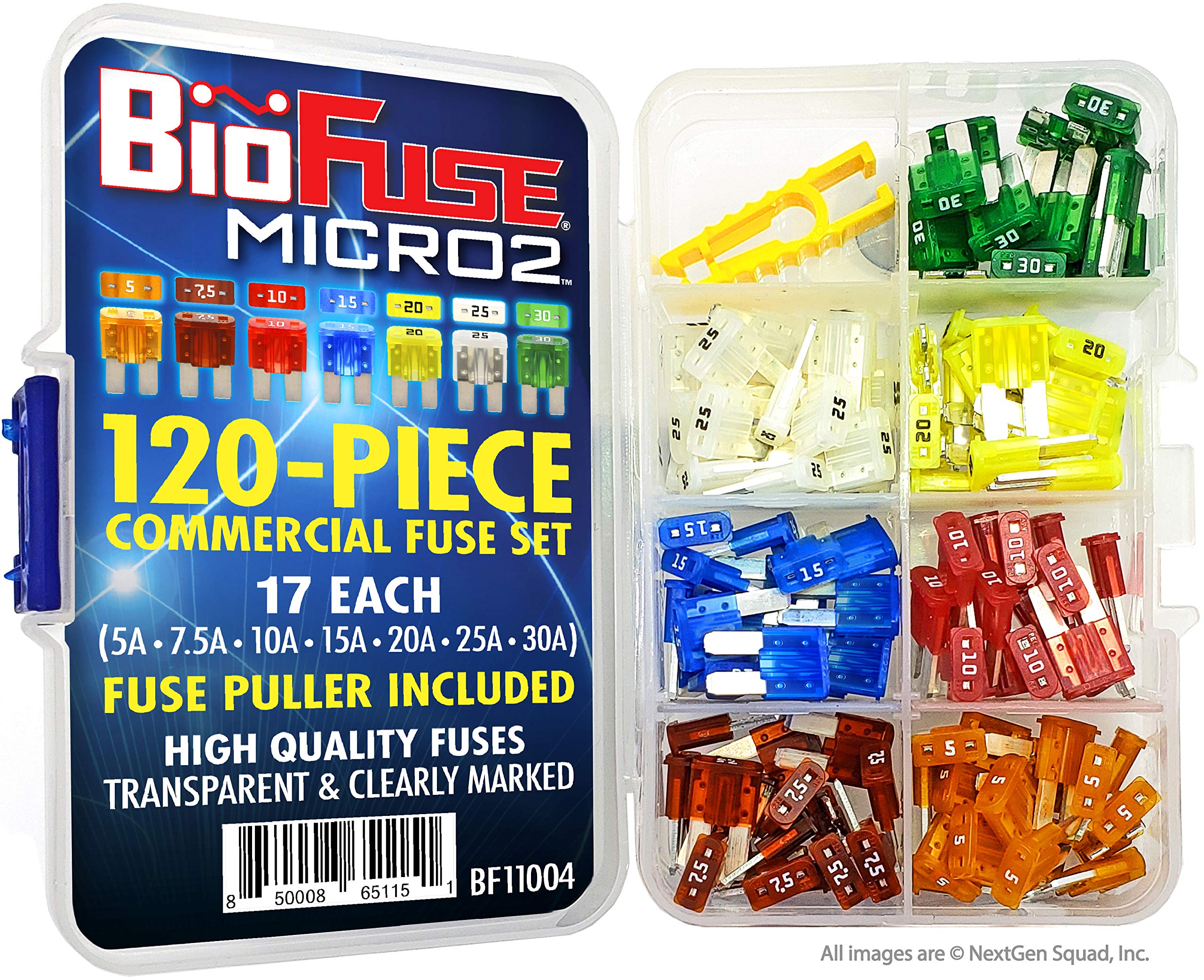 BIOFUSE single Micro2 fuse detail showing transparent housing and printed amp rating
