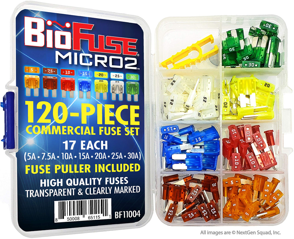 BIOFUSE single Micro2 fuse detail showing transparent housing and printed amp rating