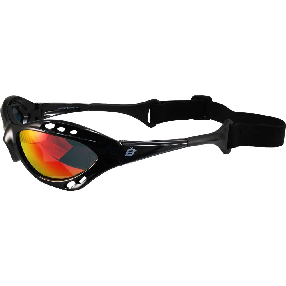 Person wearing Birdz Seahawk sunglasses while jetskiing, showing secure fit at speed