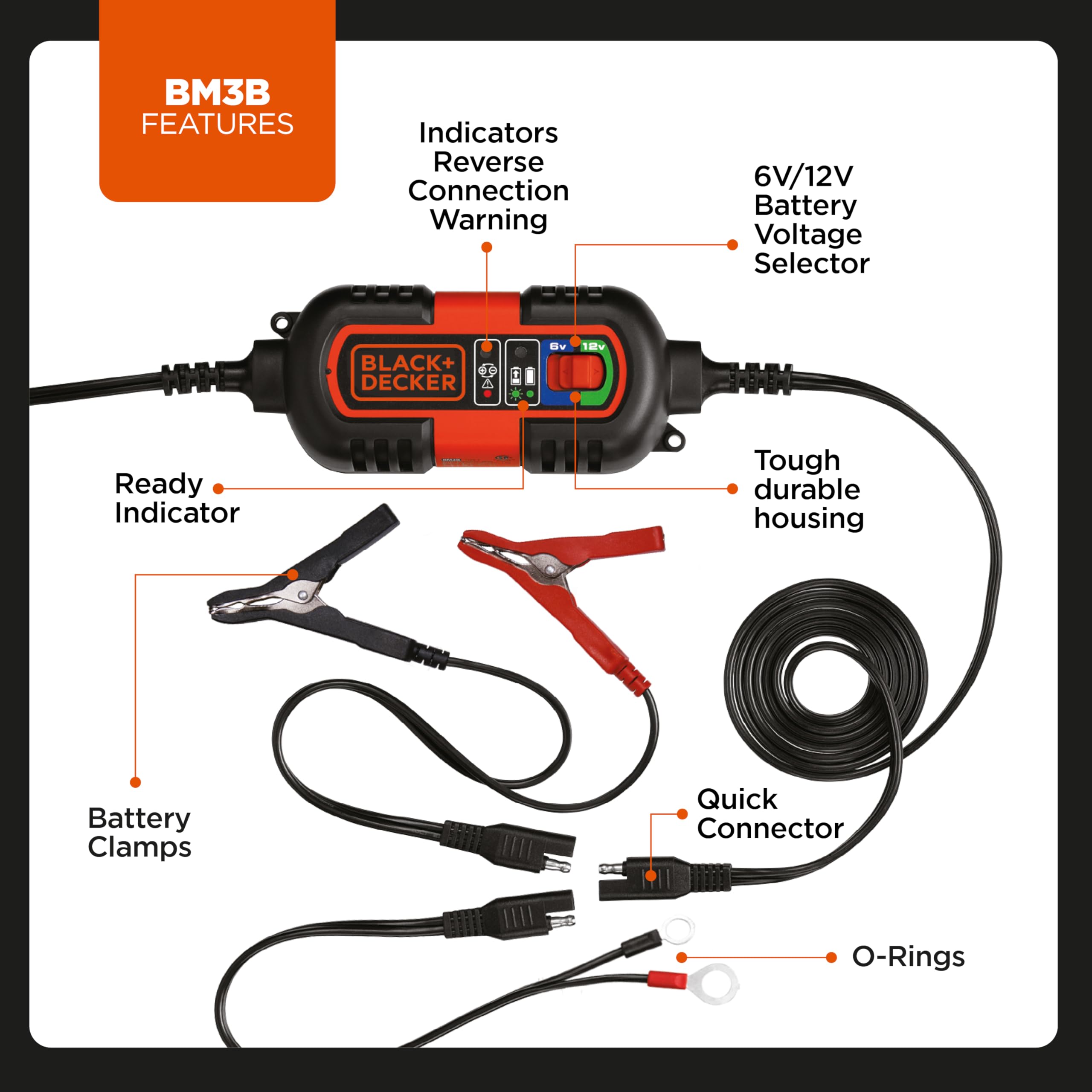 BLACK+DECKER battery clamps close-up illustrating quick clamp connection advantage