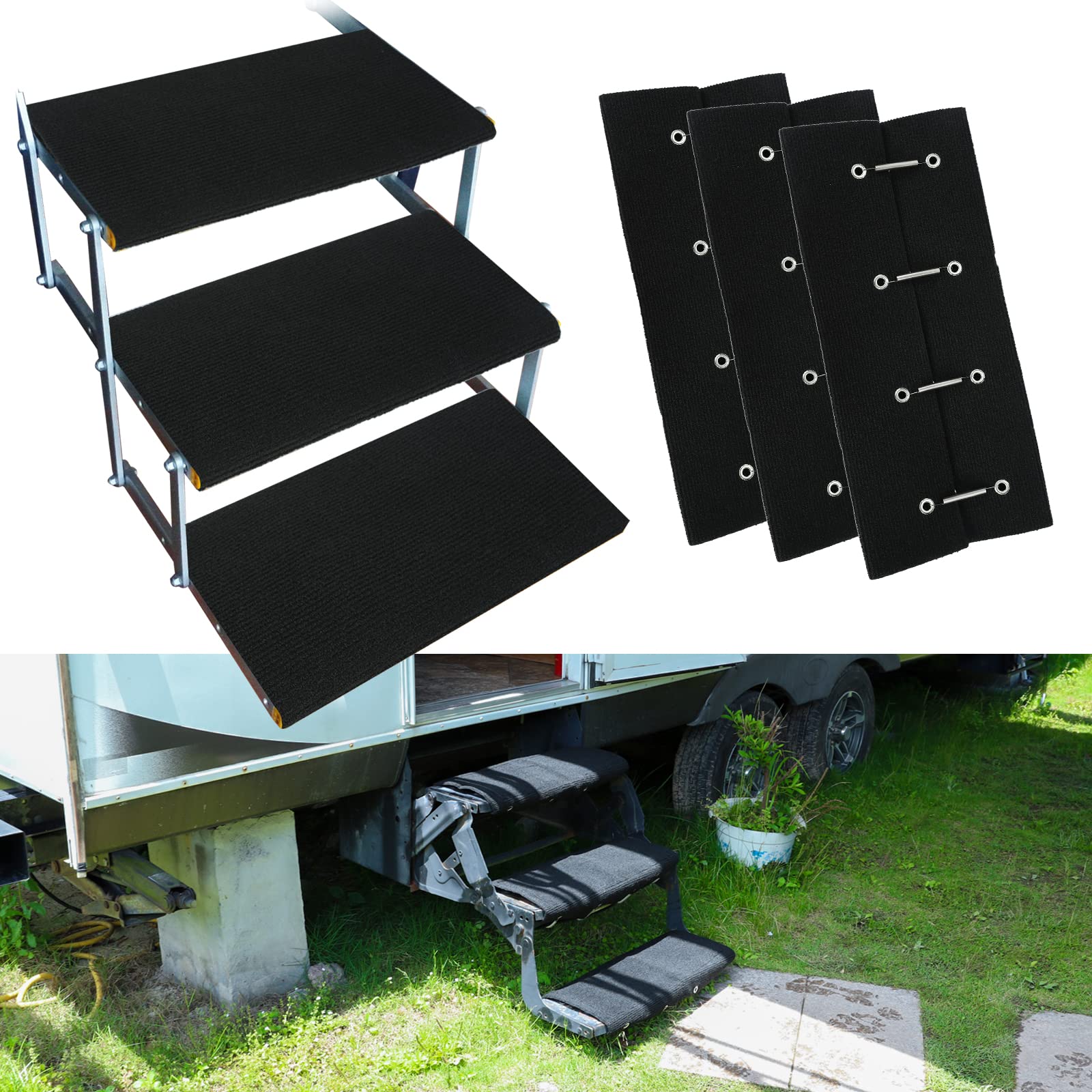 BLACKHORSE-RACING front view of three packed RV step covers, shows included springs