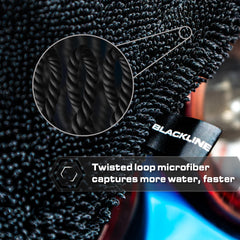 Blackline towel soaking up a water puddle fast, demonstrating high absorbency