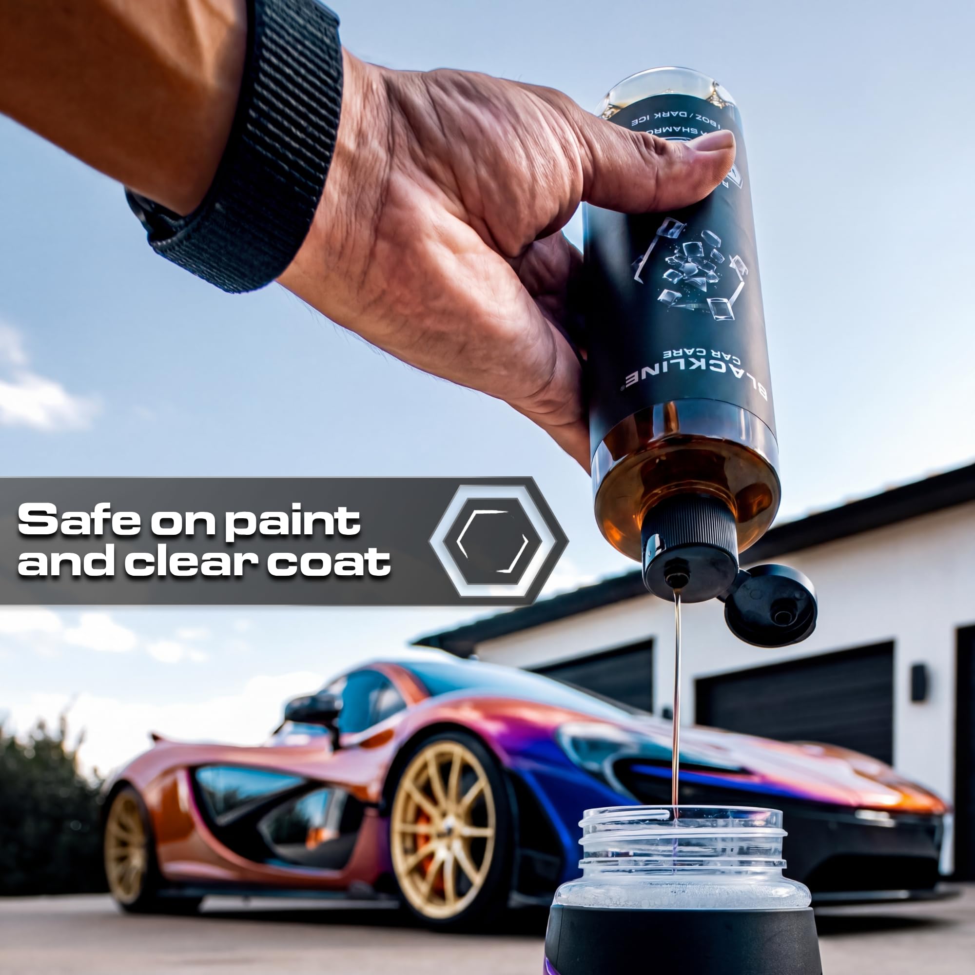 Blackline bottle beside vehicle highlighting safe use on finishes
