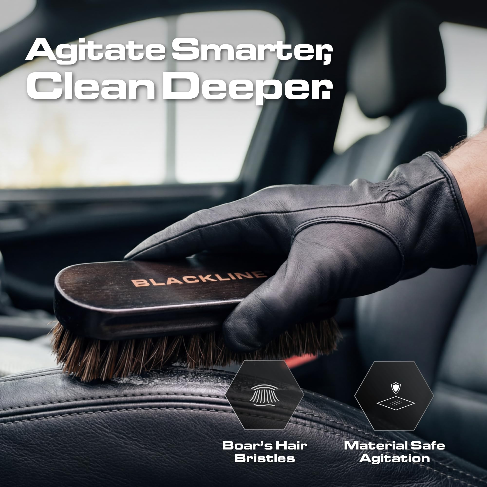 Blackline detailing brush and applicator pad displayed for precise cleaning