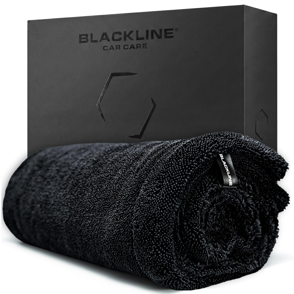 Blackline front view of towel folded showing size and label, clear sizing benefit