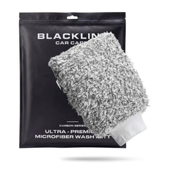 Blackline front view of mitt showing plush pile and shape for gentle washing