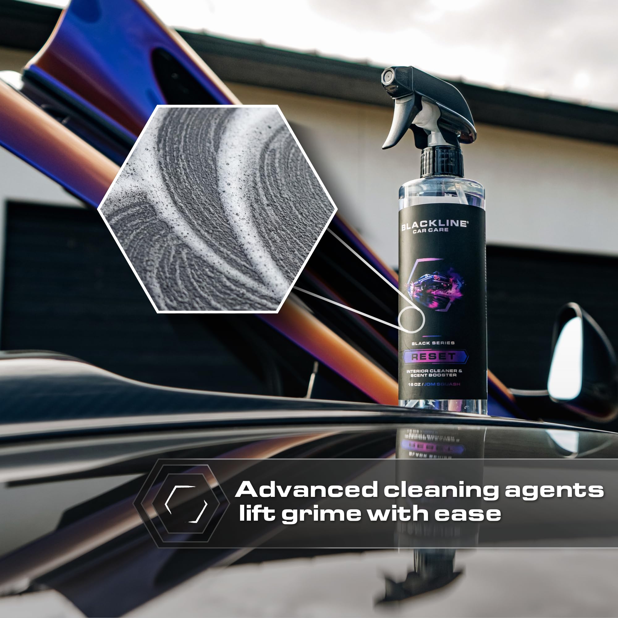 Blackline Reset in use cleaning a dashboard, leaving a refined, residue-free finish