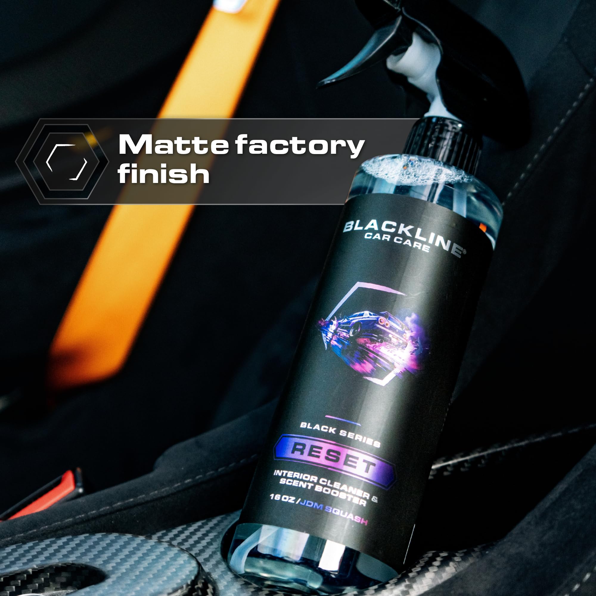 Blackline Reset on dashboard detail emphasizing streak-free, matte finish benefit