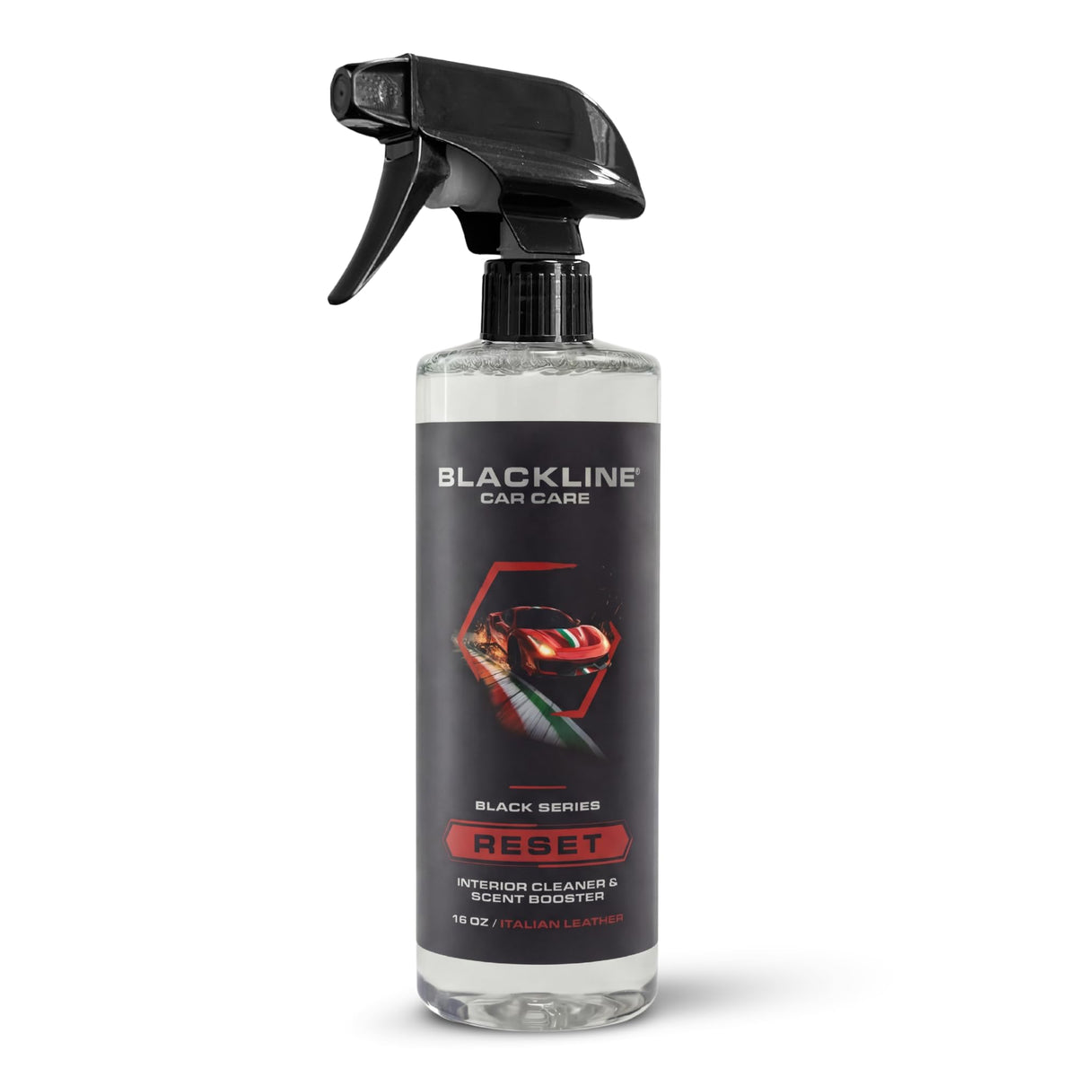 Blackline Reset bottle front label showing product and Italian Leather scent benefit