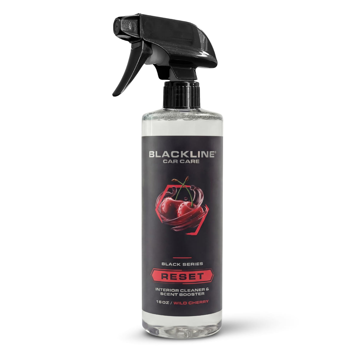 Blackline Reset front bottle view showing Wild Cherry label and premium packaging for fresh interiors
