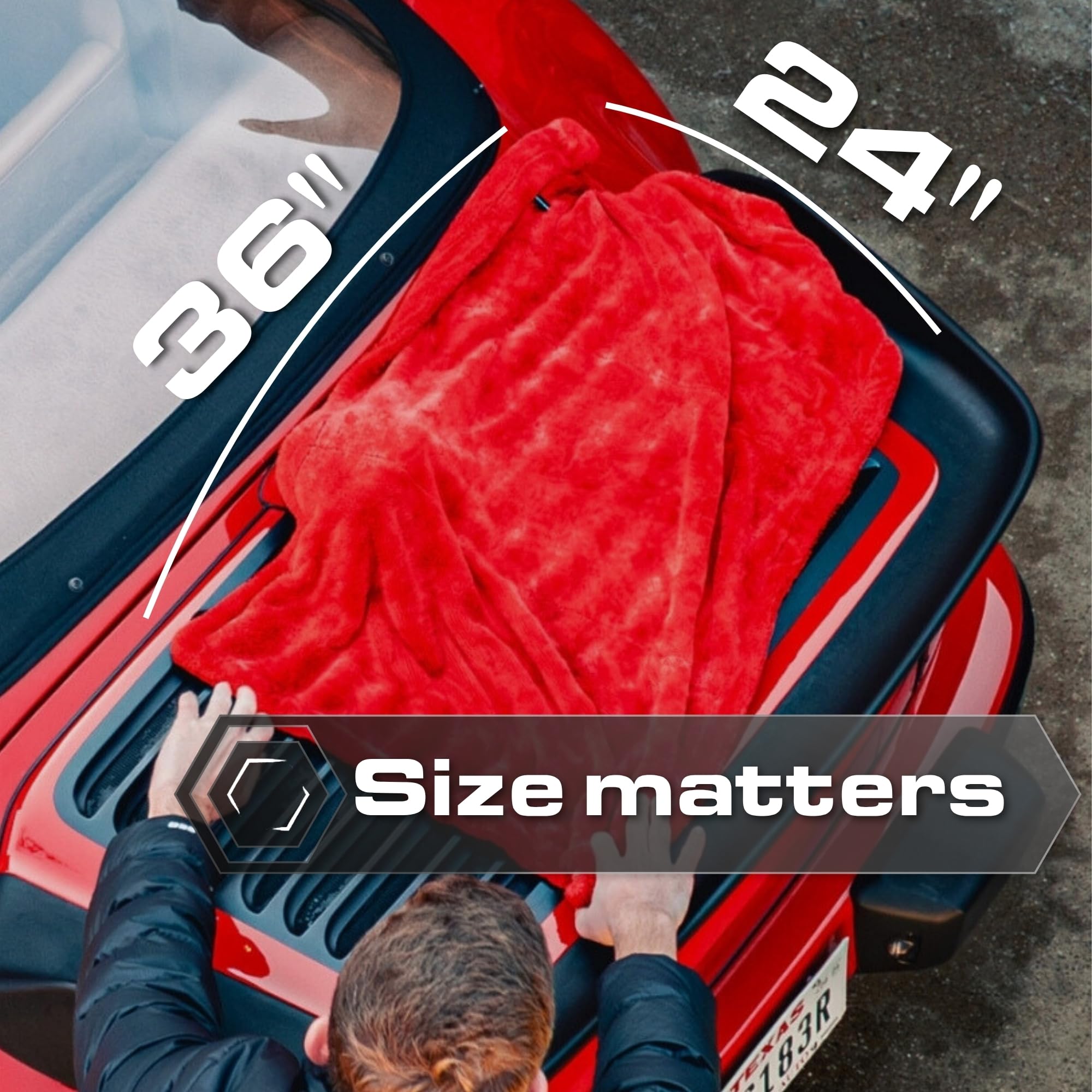 Blackline towel beside helmet illustrating 24x36 inch size for broad panels