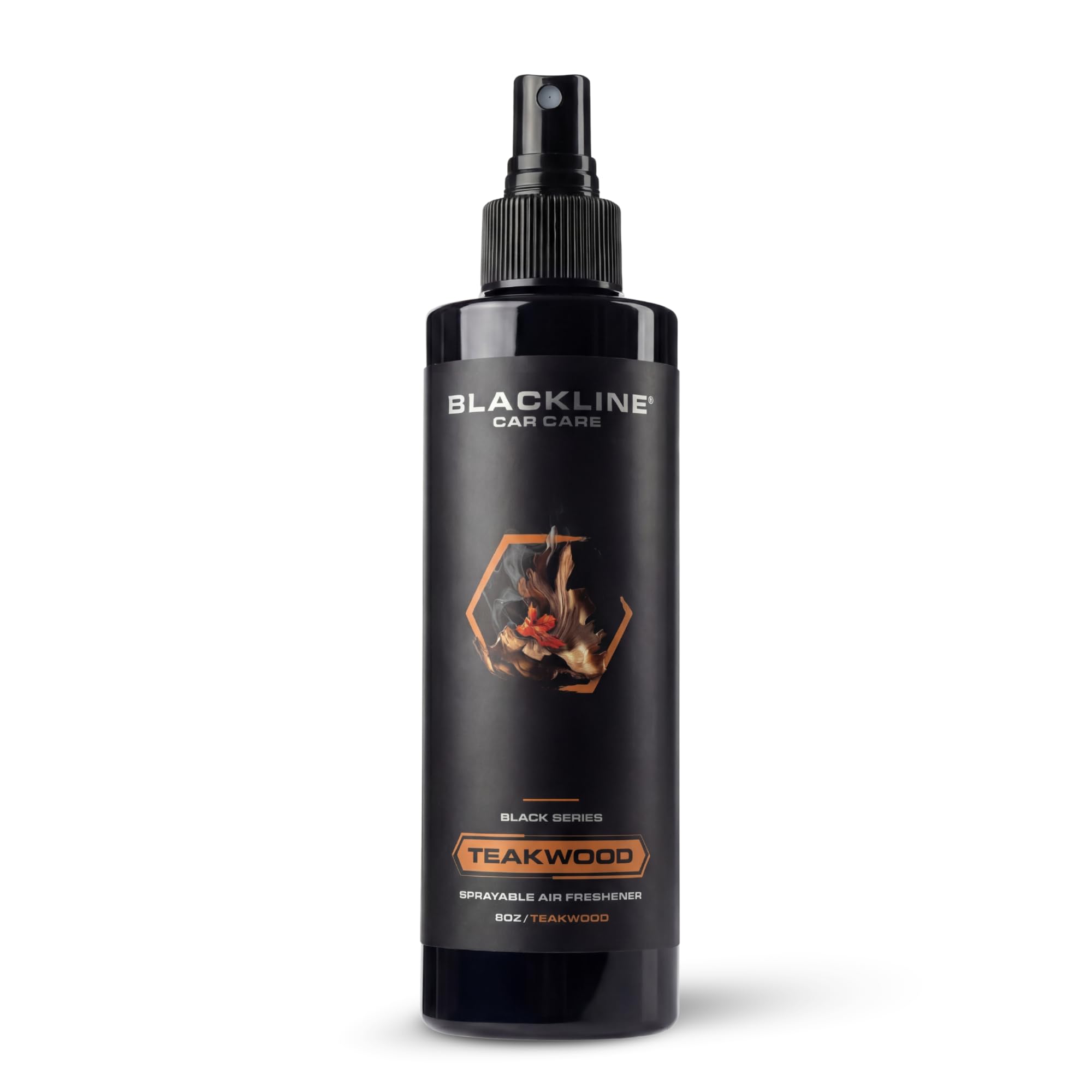 Blackline teakwood spray bottle front view showing label and sleek design benefit: easy identification