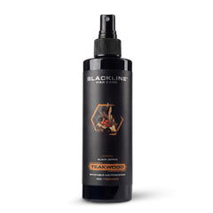 Blackline teakwood spray bottle front view showing label and sleek design benefit: easy identification