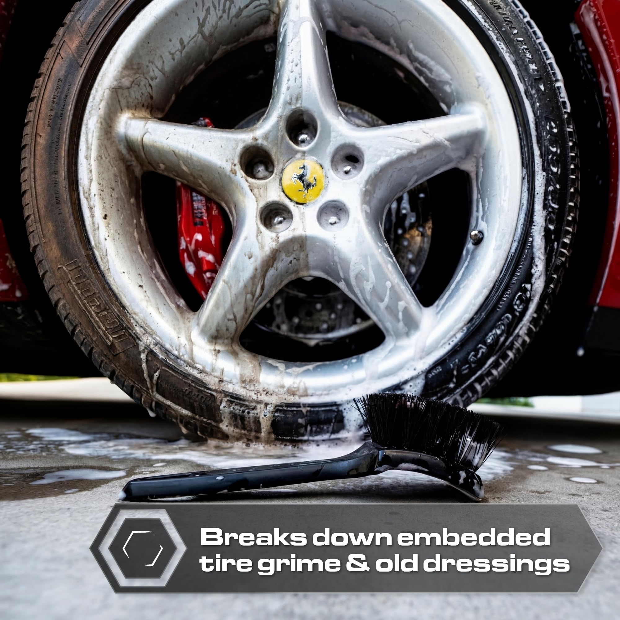 Blackline brush scrubbing a tire removing road grime for improved appearance