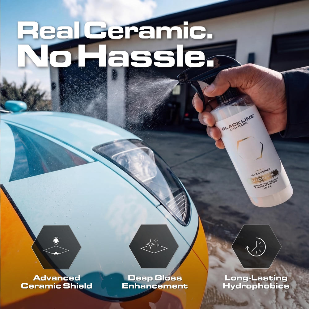 Blackline Vionyx being sprayed onto car paint demonstrating quick application and coverage