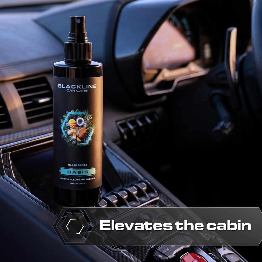 Blackline placed on car seat showing targeted odor removal in upholstery