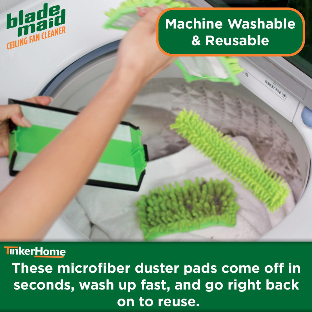 Blade Maid lifestyle shot cleaning a living room ceiling fan