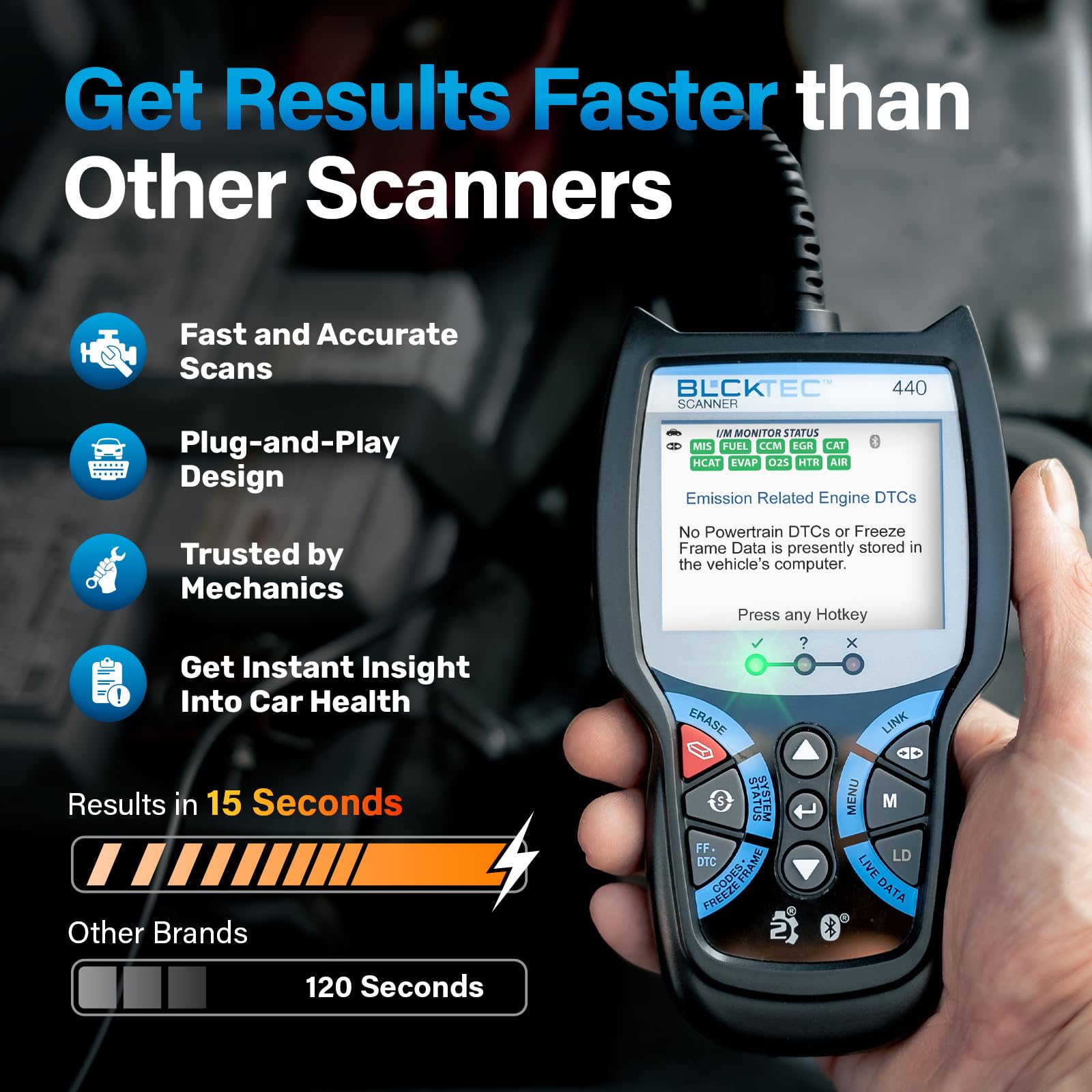 BLCKTEC 440 plugged into vehicle DLC for instant plug-and-play diagnostics