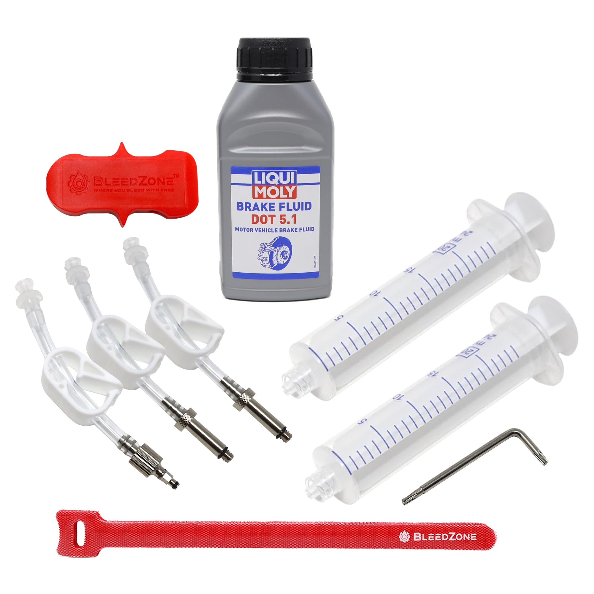 BleedZone 250ml DOT 5.1 fluid bottle close-up showing clear labeling for correct brake oil
