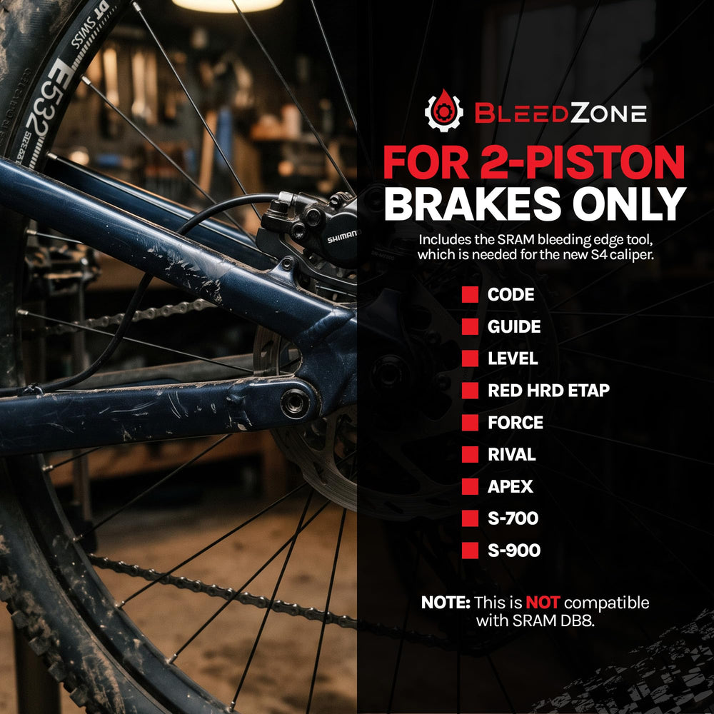 BleedZone kit in use bleeding a SRAM brake caliper showing efficient at-home maintenance