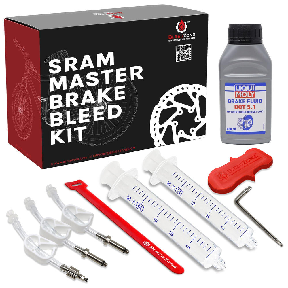 BleedZone complete SRAM bleed kit neatly arranged showing tools and fluid for confident maintenance
