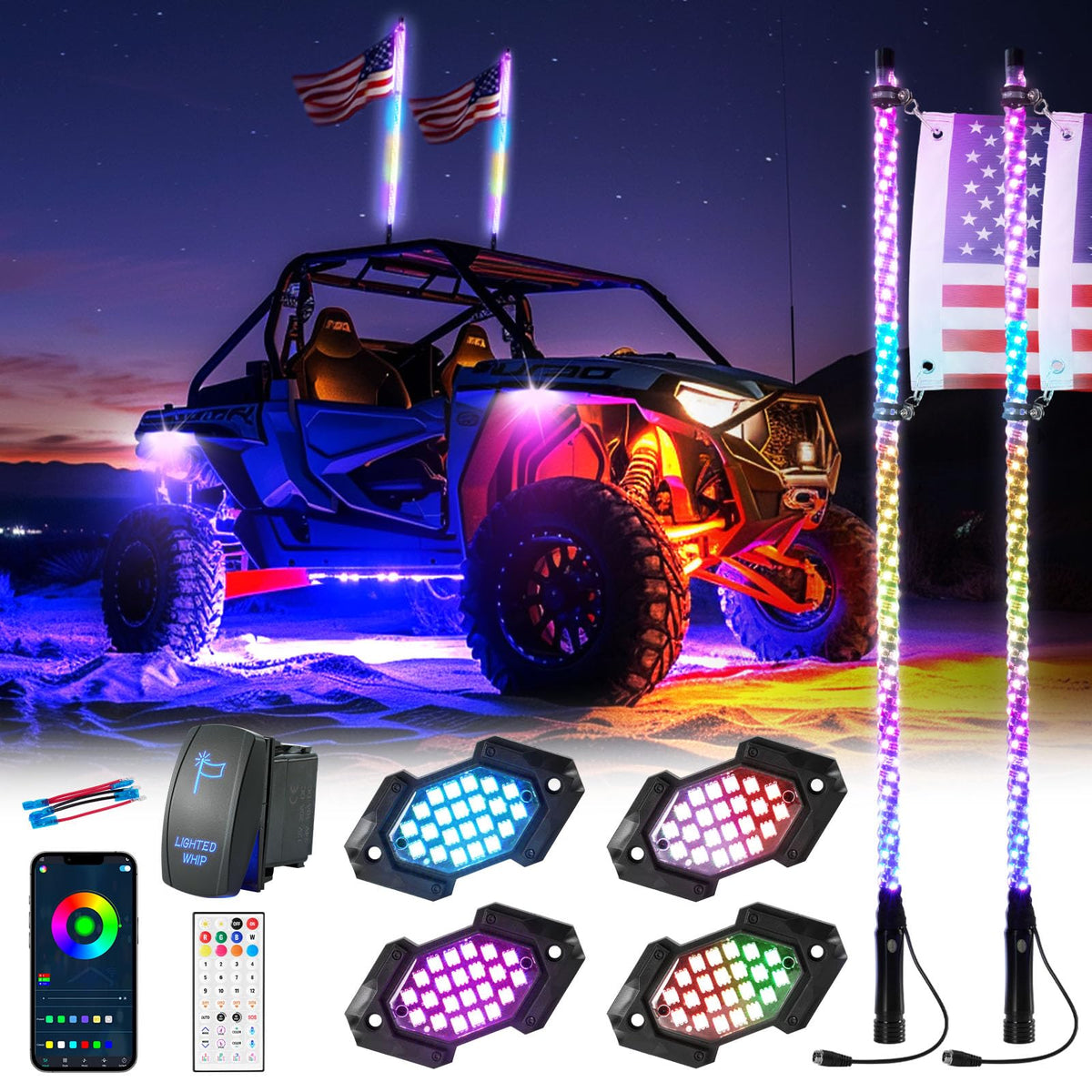 Blogole whip light front view showing bright 360° glow for improved visibility