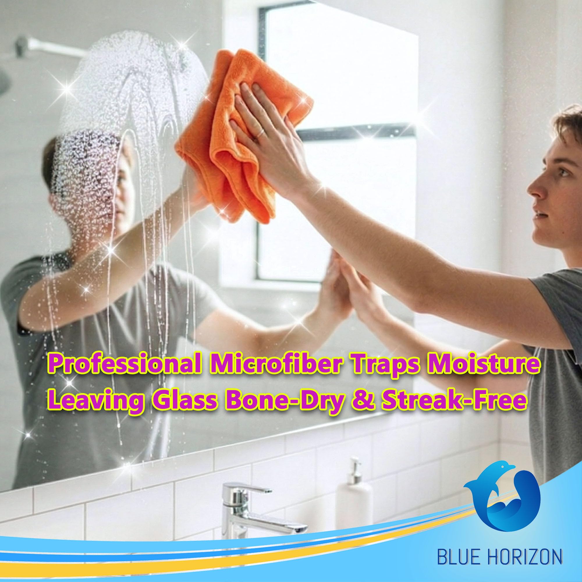 Blue Horizon towel buffing a kitchen counter to streak-free shine
