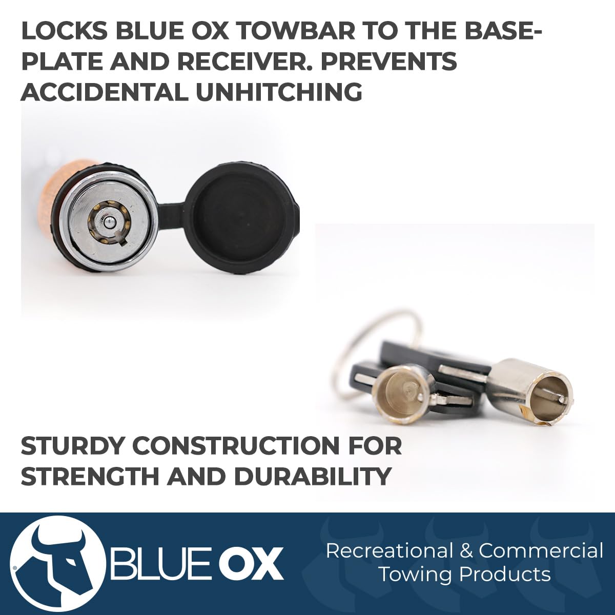 Blue Ox locks installed on a tow bar demonstrating secure tow bar-to-base plate connection