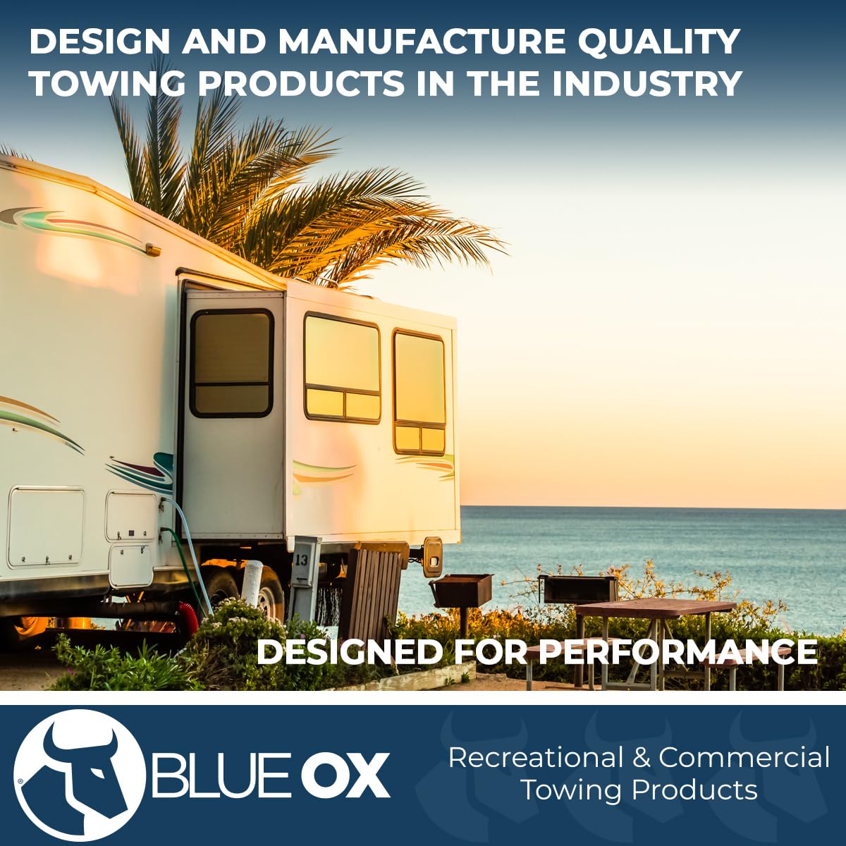 Blue Ox locks in towing lifestyle shot conveying secure towing and peace of mind