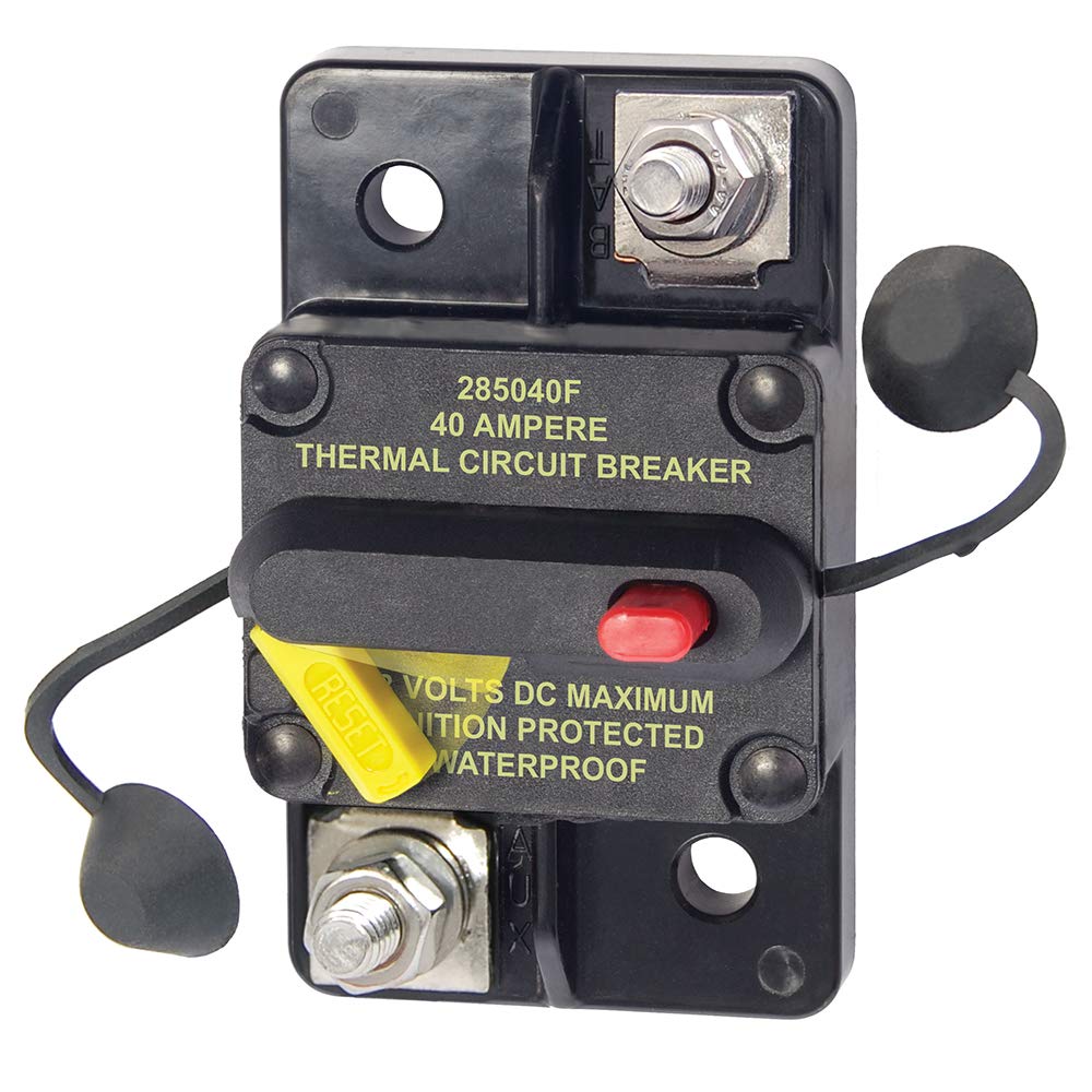 Blue Sea Systems 285-Series front view showing visible trip lever and compact housing for easy status checks