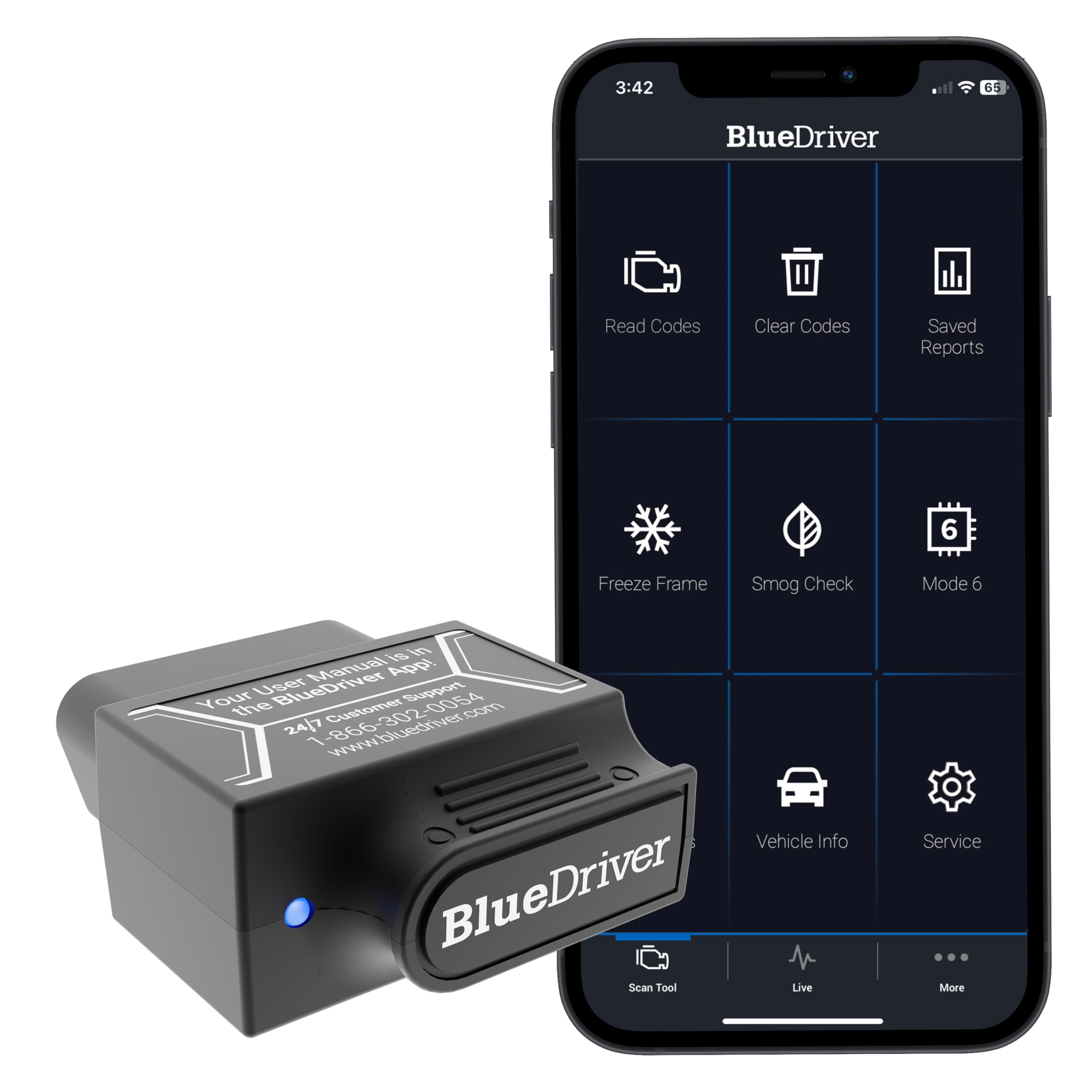 BlueDriver front view with packaging showing compact scanner and benefits