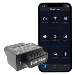 BlueDriver front view with packaging showing compact scanner and benefits