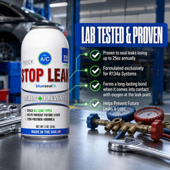 blueseal 2 oz bottle closeup showing label for accurate R-134a application