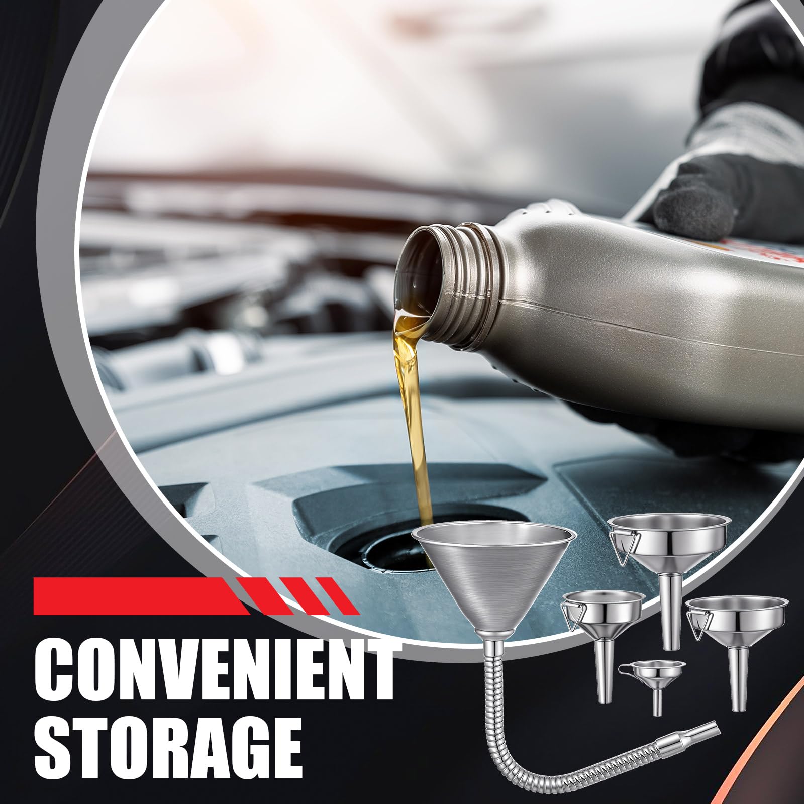Blulu funnel in use pouring oil into car fuel neck reducing spills and saving cleanup time