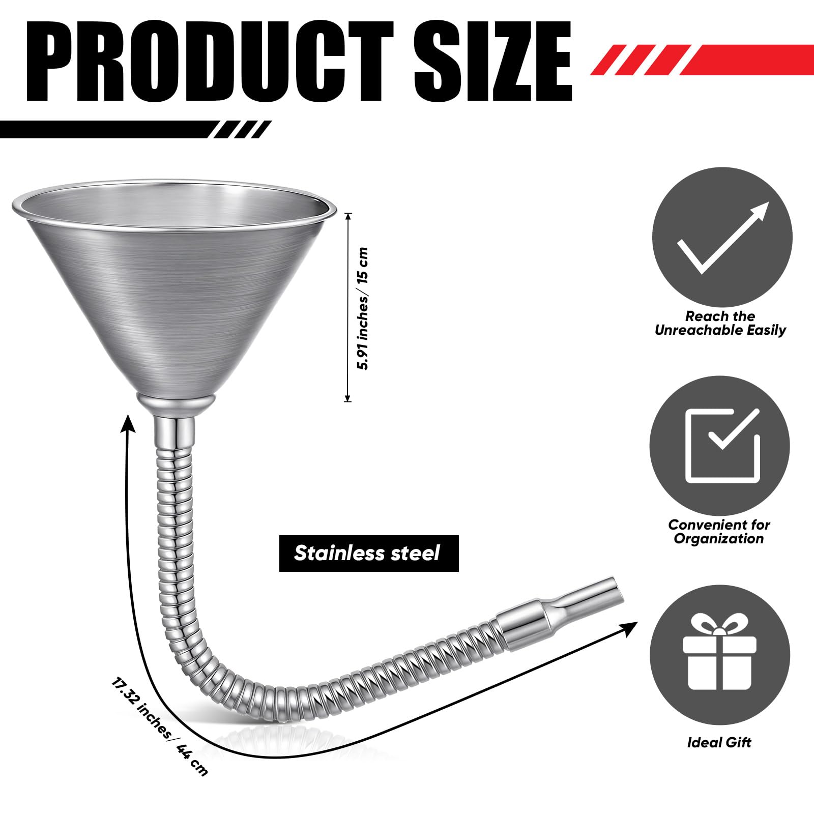 Blulu flexible large funnel with hose bending into tight space for effortless access