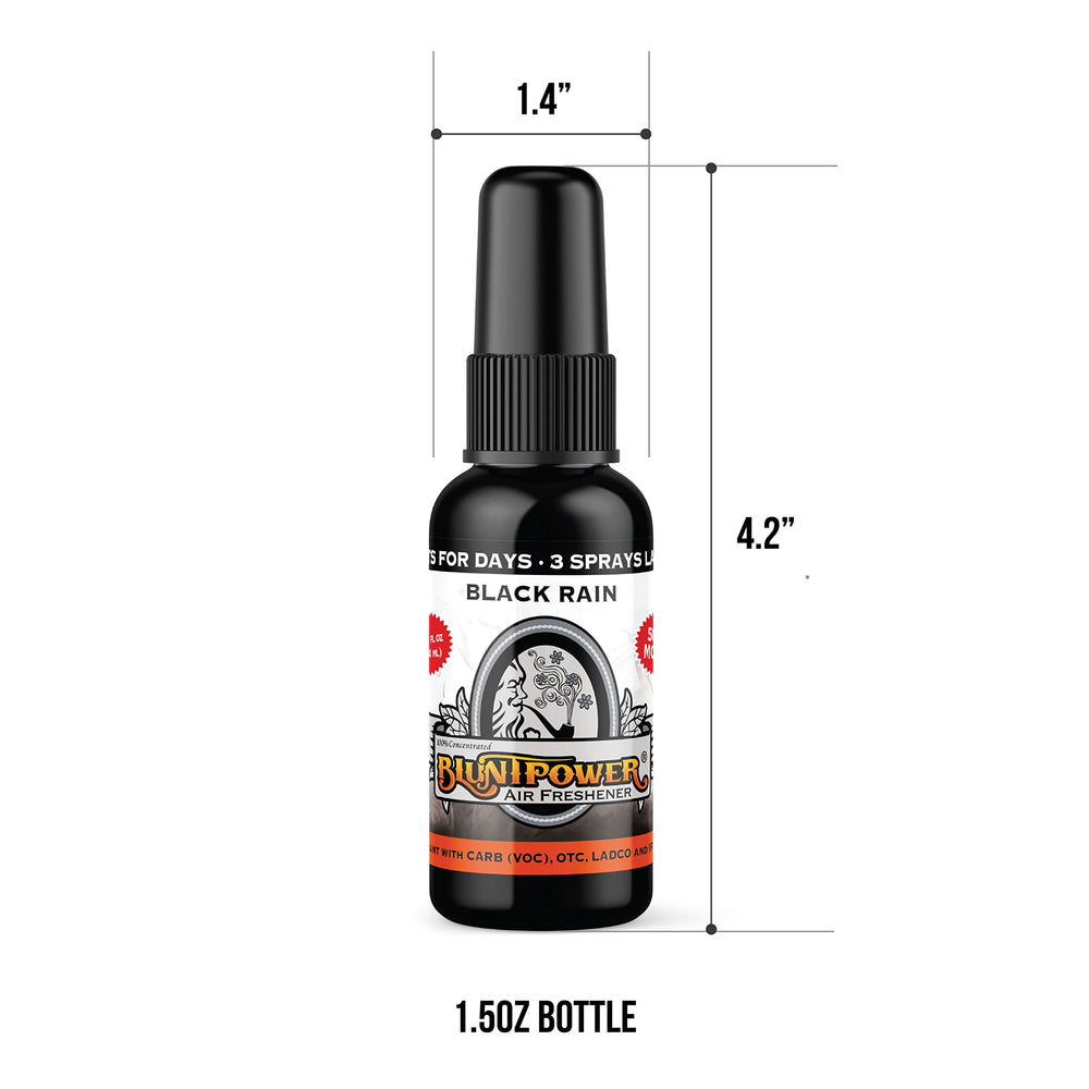 Blunt Power Black Rain bottle in car cupholder demonstrating portable odor control