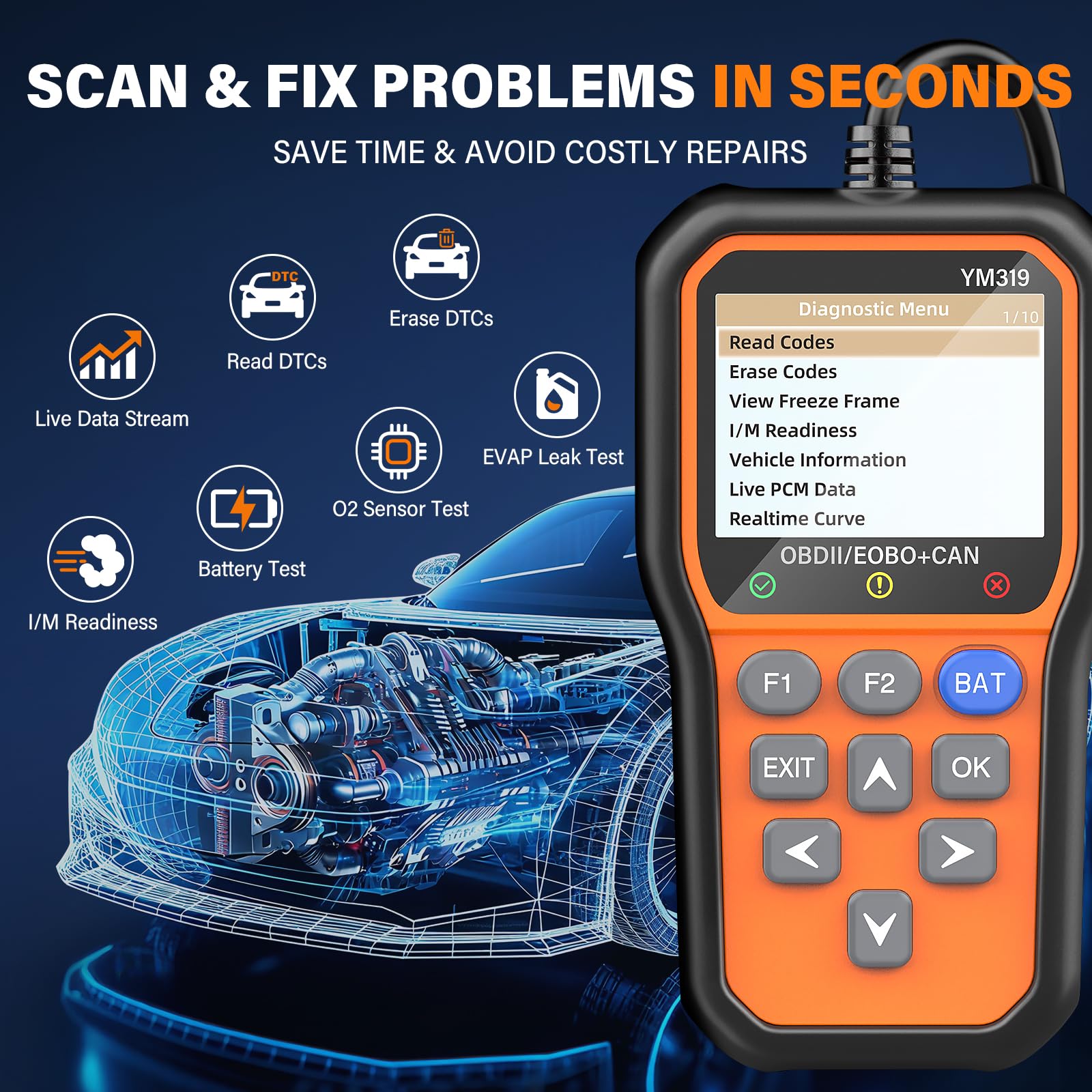 BluSon YM319 back panel and OBD2 connector highlighting rugged plug design
