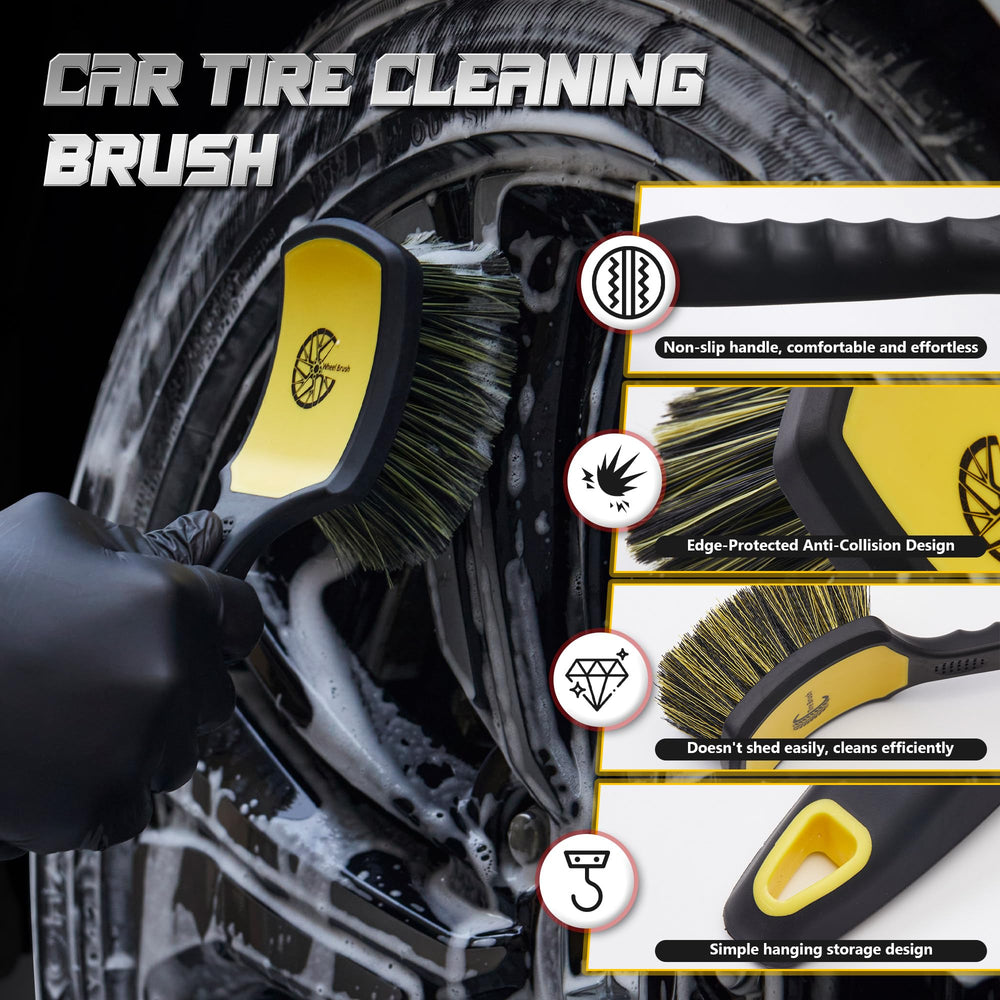 BMLEI brushes cleaning a wheel and tire demonstrating effective results