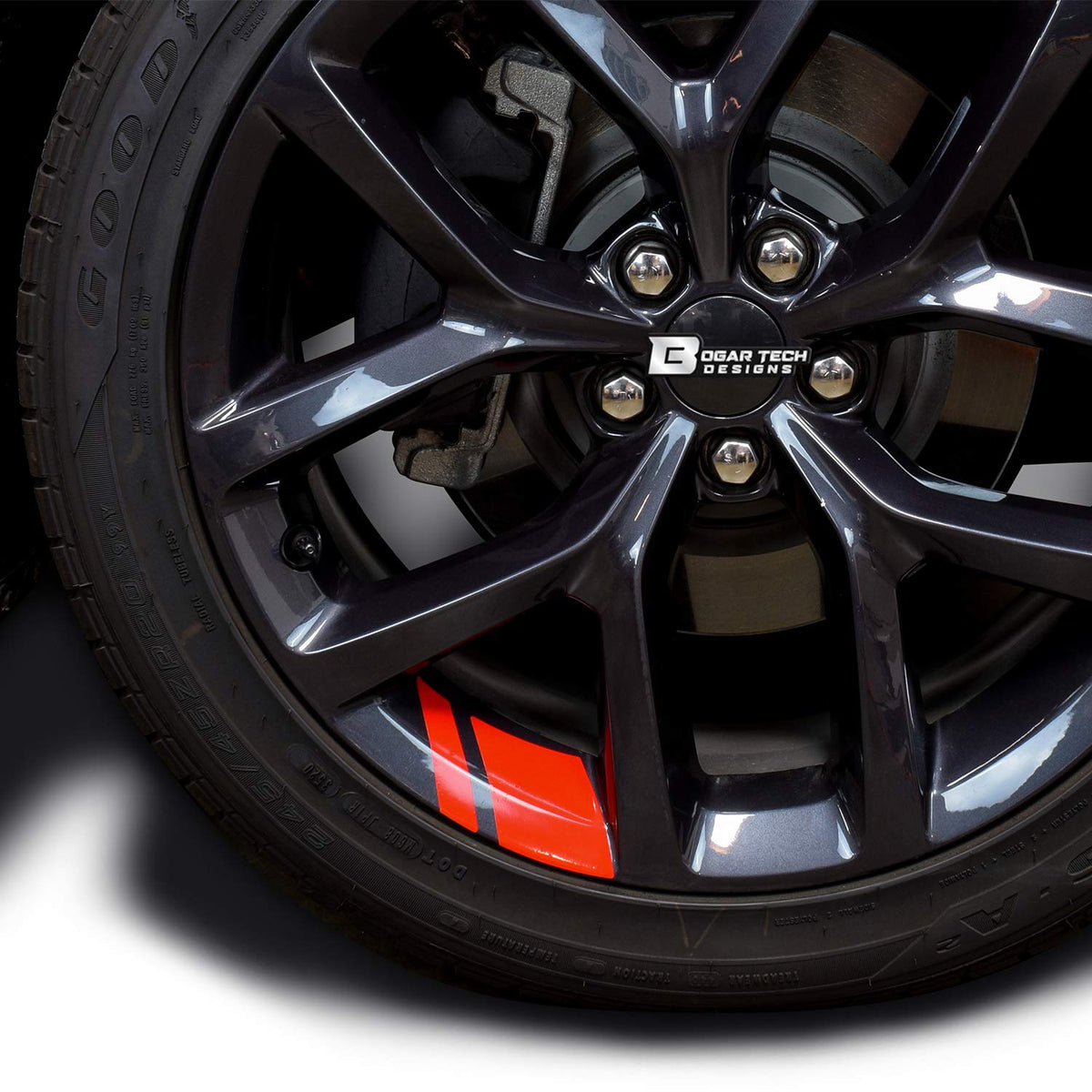 BOGAR TECH DESIGNS kit front view showing gloss red rim decals and branding benefit visibility