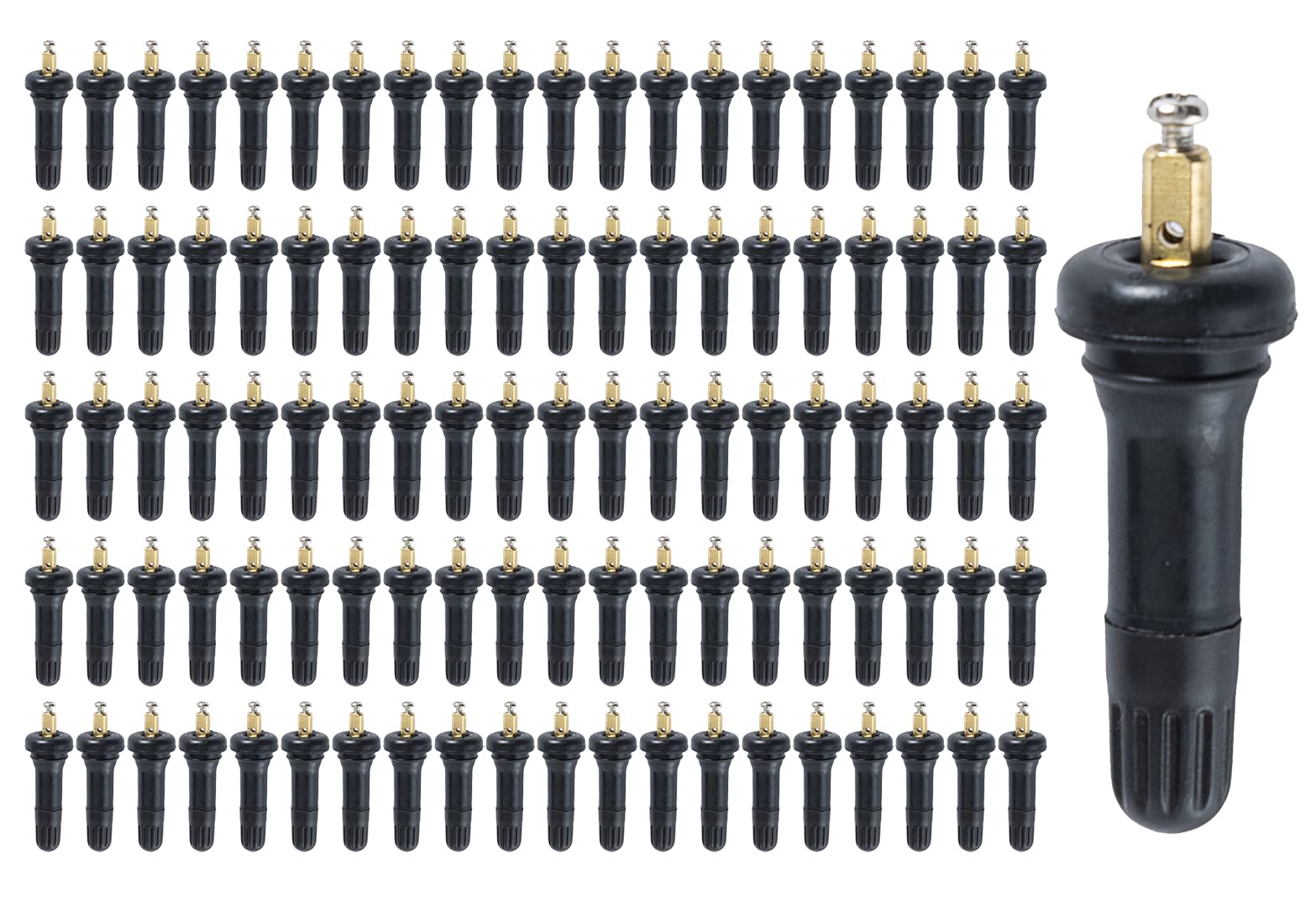 Boine 100-pack front view showing packaged TPMS valve stems and quantity benefit