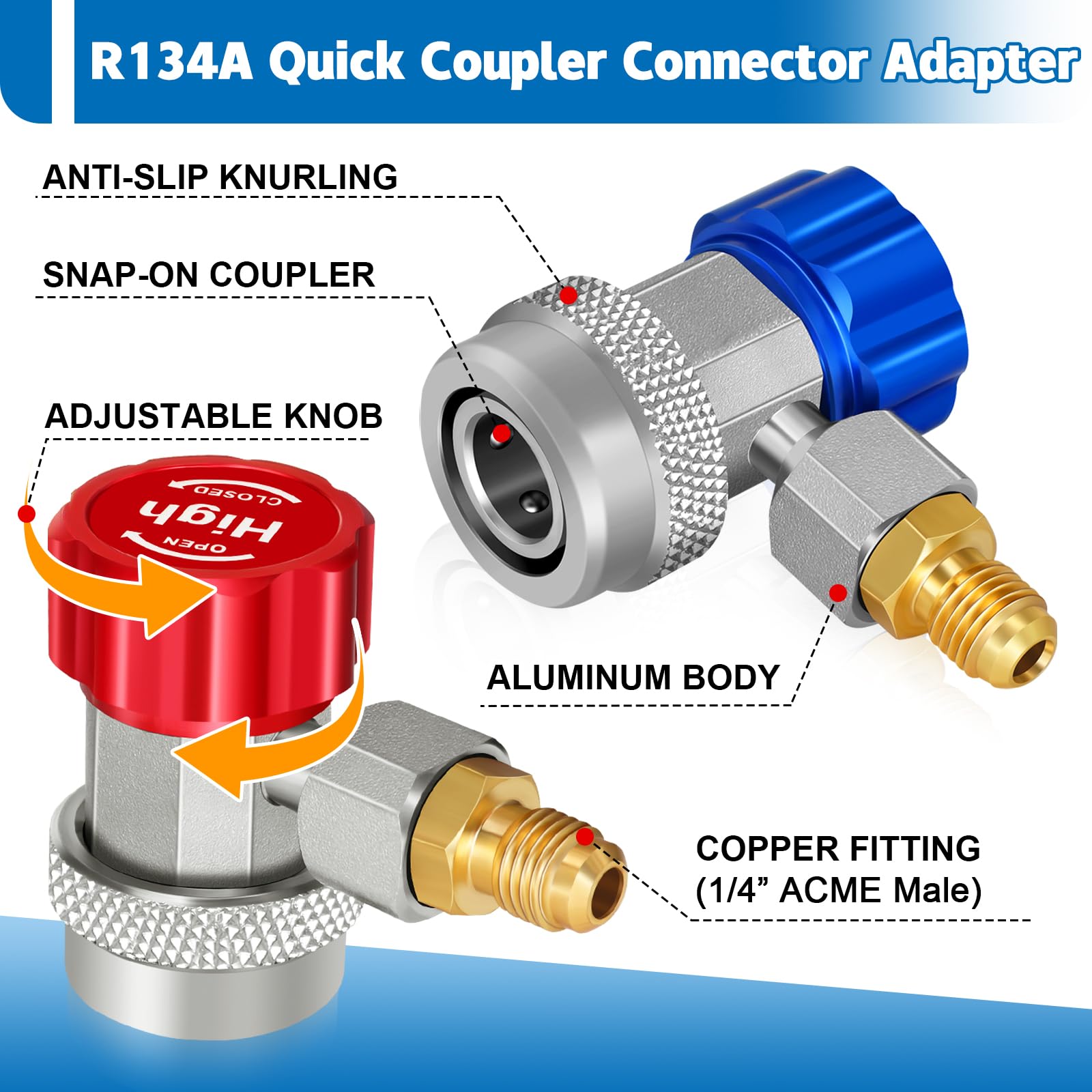 Boltigen low-side blue R1234yf coupler closeup demonstrating secure service port fit